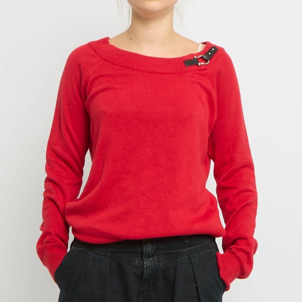 ** Lauren Ralph Lauren Red Cotton Wide Neck Sweater w/ Buckle Detail Size L